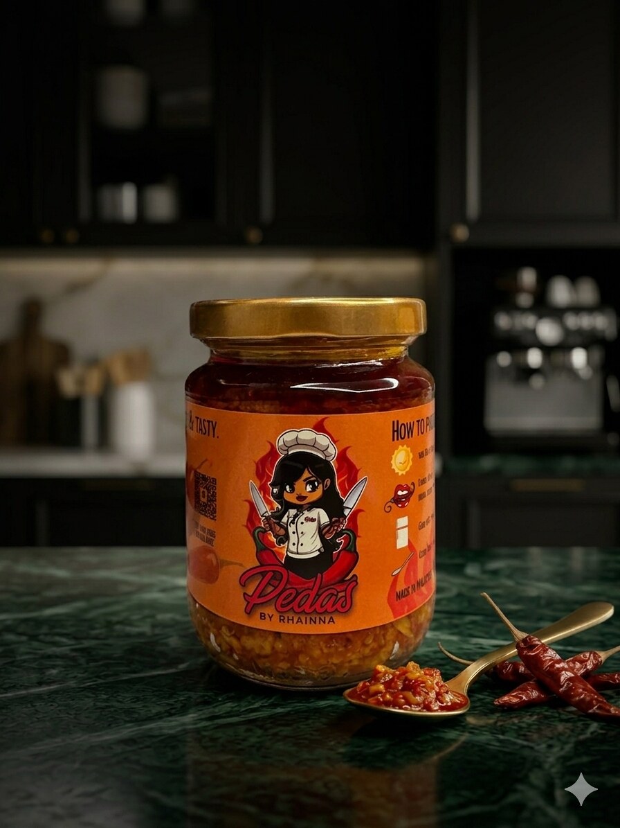 Pedas Original — homemade Malaysian sambal in a glass jar with chef-mascot label